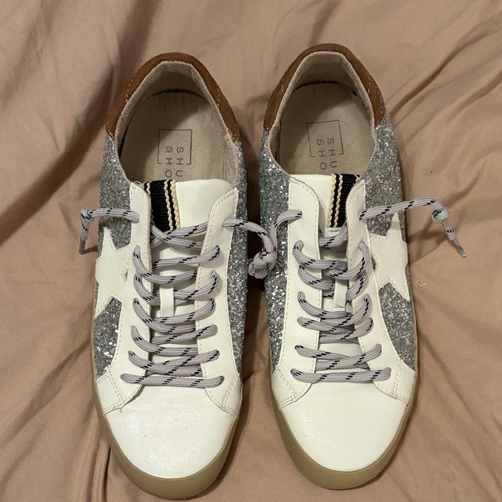 ShuShop White and Silver Glitter Sneakers